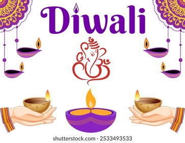 Ganesha Hindu God Icon with Hindi Diwali Text, Featuring Diya, Rangoli, Hanging Diyas, and Garland Graphics, Festive Design Perfect for Celebrating the Festival of Lights