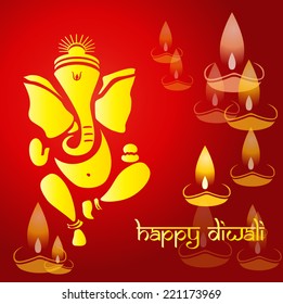 Ganesha illustration with lamps or diya for celebration of happy Dipawali