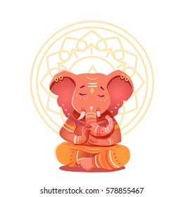 Ganesha Illustration in the lotus position. Mythological deities of India. Vector illustration of a deity with elephant head character on the background of the mandala.