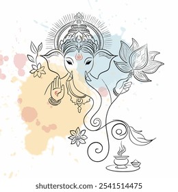 Ganesha Line Art with Colorful Background Splashes