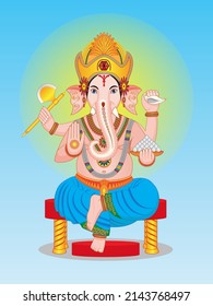 Ganesha or Lord Ganesh or Phra Ganesh – Famous Hindu god or angel with elephant headed dress with accessories and sit on red chair drawing in cartoon vector