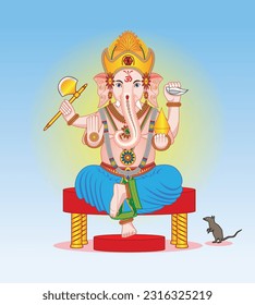 Ganesha or Lord Ganesh or Phra Ganesh or Ganapati or Pillaiyar or  Vinayaka the famous Hindu deities or Hindu god or angel with elephant headed sit on red chair drawing in cartoon vector