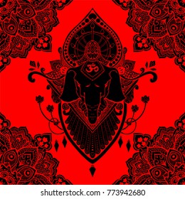 Ganesha mandala oriental drawing tattoo illustration vector seamless pattern with red and black tone