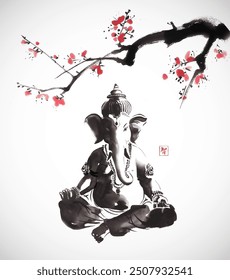 Ganesha in a meditative pose beneath cherry blossom. Traditional oriental ink painting sumi-e, u-sin, go-hua. Hieroglyph - wisdom.