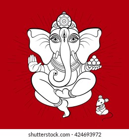 Ganesha and mouse. Vector hand drawn illustration