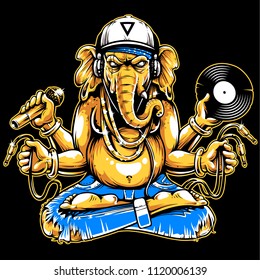 Ganesha with musical attributes: headphones, vinyl record, microphone and wires in hands. Ganesha b-boy weared in snapback and jeans. Cool vector illustration of Ganesha.
