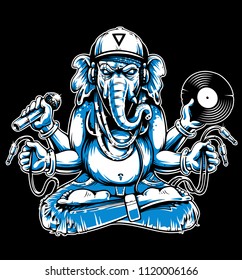 Ganesha with musical attributes: headphones, vinyl record, microphone and wires in hands. Ganesha b-boy weared in snapback and jeans. Cool vector illustration of ganesha. Two colors variation.