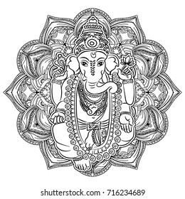 Ganesha On The Ornate Mandala Pattern Background. Indian Hindu Mythology. Fashion Tattoo Motives Of The Spirituality Of The East. Coloring For Adults.