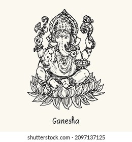 Ganesha sitting on lotus. Ink black and white doodle drawing in woodcut style with inscription.