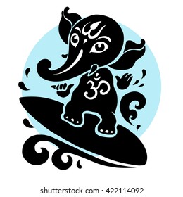 Ganesha surfer. Hindu God Ganesha. Summer illustration.