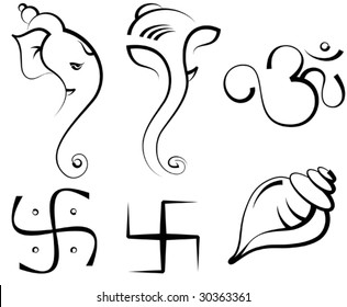 Ganesha, Swastica, Shankh (conch,)