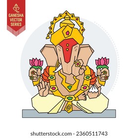 Serie Ganesha Vector - Ilustración del Elefante encabezando el Dios hindú Ganesha en forma de Dagadusheth Halwai Ganapati, Simple Conceptual Mínimalista Estilo Cubismo Creativo Formas Geométricas Arte Gráfico.