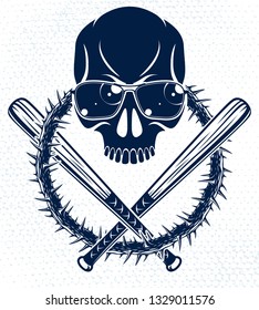 Gang brutal criminal emblem or logo with aggressive skull baseball bats design elements, vector anarchy crime terror retro style, ghetto revolutionary.