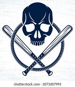 Gang brutal criminal emblem or logo with aggressive skull baseball bats design elements, vector anarchy crime terror retro style, ghetto revolutionary.