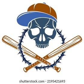 Gang brutal criminal emblem or logo with aggressive skull baseball bats design elements, vector anarchy crime terror retro style, ghetto revolutionary.