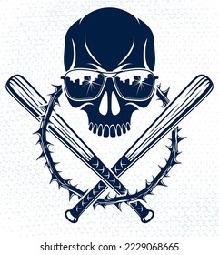 Gang brutal criminal emblem or logo with aggressive skull baseball bats design elements, vector anarchy crime terror retro style, ghetto revolutionary.