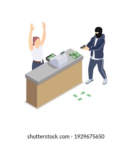 Gang Crime Robbery Stealing Isometric Composition With Robber Pointing Gun To Cashier With Money Vector Illustration