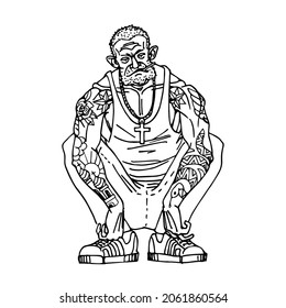 A Gang Leader, A Criminal. A Bald Guy With A Tattoo, Squatting. A Dangerous Character. Vector Illustration With Black Contour Lines Isolated On A White Background In Cartoon And Hand-drawn Style.