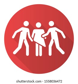 Gang rape red flat design long shadow glyph icon. Woman abuse. Violent behavior of rapist. Sexual harassment by group. Victim of assault. Unwanted sexual activity. Vector silhouette illustration