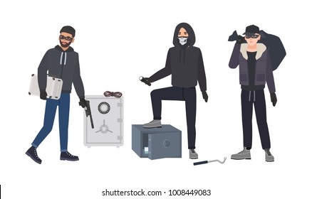 Gang of robbers or burglars dressed in black clothes standing beside opened bank safes. Group of male thieves committing burglary or theft. Flat cartoon characters. Colorful vector illustration. Gang of robbers or burglars dressed in black clothes standing beside opened bank safes. Group of male thieves committing burglary or theft. Flat cartoon characters. Colorful vector illustration.