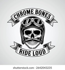Gang skull logo vector, grinning skull with handlebar mustache and aviator helmet, with text "chrome bones ride loud"