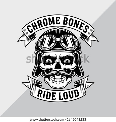 Gang skull logo vector, grinning skull with handlebar mustache and aviator helmet, with text 