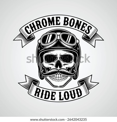 Gang skull logo vector, grinning skull with handlebar mustache and aviator helmet, with text 