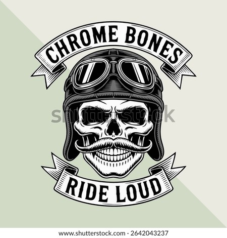 Gang skull logo vector, grinning skull with handlebar mustache and aviator helmet, with text 