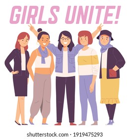 gang of woman girl unite feminism happy together smile in flat vector cartoon illustration style