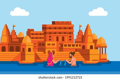 Ganga river holy bathing ceremony. indian landmark culture concept in cartoon illustration vector