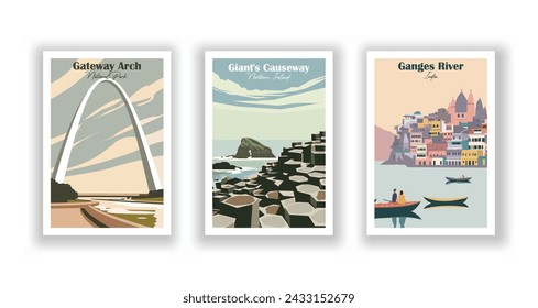 Río Ganges, India. Gateway Arch, Parque Nacional. Giant's Causeway, Irlanda del Norte - Set de 3 Carteles de Viajes Vintage. Ilustración vectorial. Impresiones de alta calidad