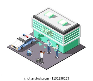Gangs and police isometric composition with police team involved in arrest of bank robber  vector illustration