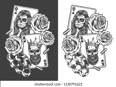 Gangsta concept with playing card, roses and knuckles. Vector illustration