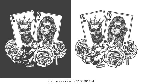 Gangsta concept with playing card, roses and knuckles. Vector illustration