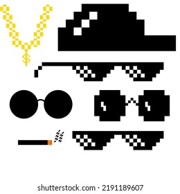 gangsta glasses set with black hat and on white background vector illustration