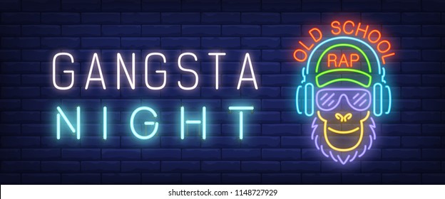 Gangsta Night, Old School Rap Neon Style Banner. Text And Rapper Character Shape On Brick Background. Night Bright Advertisement. Can Be Used For Signs, Posters, Billboards