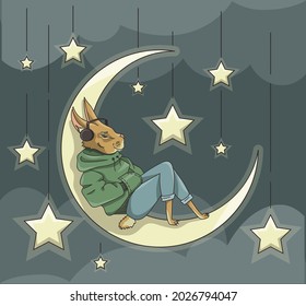 Gangsta rabbit wearing headphones is chilling on the moon, lisenning lo-fi music. Soft, calm, romantic and tender picture. Good for video with music for sleeping, relaxation, chilling. 