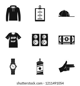 Gangsta rap icon set. Simple set of 9 gangsta rap vector icons for web design on white background