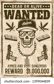 Gangsta Rapper Skull In Snapback Cap And Sunglasses With Money Bling Chain Wanted Poster In Vintage Style Vector Illustration. Layered, Separate Grunge Texture And Text