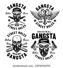 Gangsta set of vector criminal emblems, labels, badges or prints in monochrome style. Illustration on white background. Hand drawn. Not AI generated