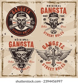 Gangsta set of vector criminal emblems, labels, badges or prints in vintage style. Illustration on background with removable grunge textures. Hand drawn. Not AI generated