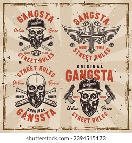 Gangsta set of vector criminal emblems, labels, badges or prints in vintage style. Illustration on background with removable grunge textures. Hand drawn. Not AI generated