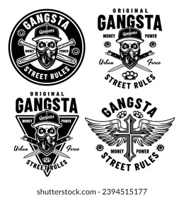 Gangsta set of vector criminal emblems, labels, badges or prints in monochrome style. Illustration on white background. Hand drawn. Not AI generated