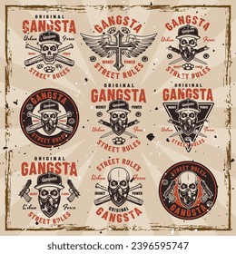 Gangsta set of vector criminal emblems, labels, badges or prints in vintage style. Illustration on background with removable grunge textures. Hand drawn. Not AI generated