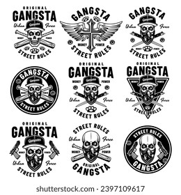 Gangsta set of vector criminal emblems, labels, badges or prints in monochrome style. Illustration on white background. Hand drawn. Not AI generated