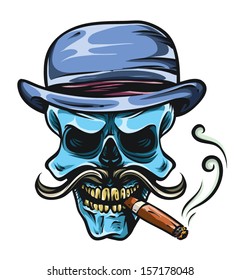 Gangsta Skull with Cigar, Mustache and Retro Style Hat