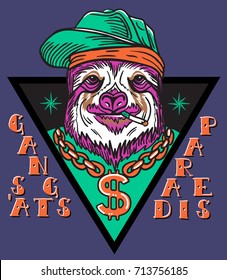 gangsta sloth in triangle with chain and baseball cap