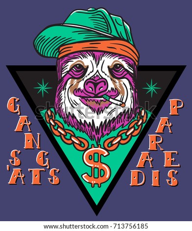 gangsta sloth in triangle with chain and baseball cap
