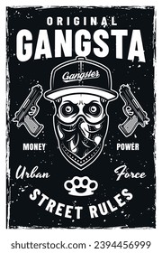 Gangsta vector poster in vintage style with skull in cap and bandana on face. Illustration in black and white style with grunge textures on separate layers. Hand drawn. Not AI generated