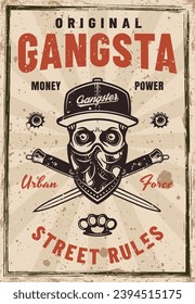 Gangsta vector poster in vintage style with skull in cap and bandana on face. Illustration on background with grunge textures on separate layers. Hand drawn. Not AI generated